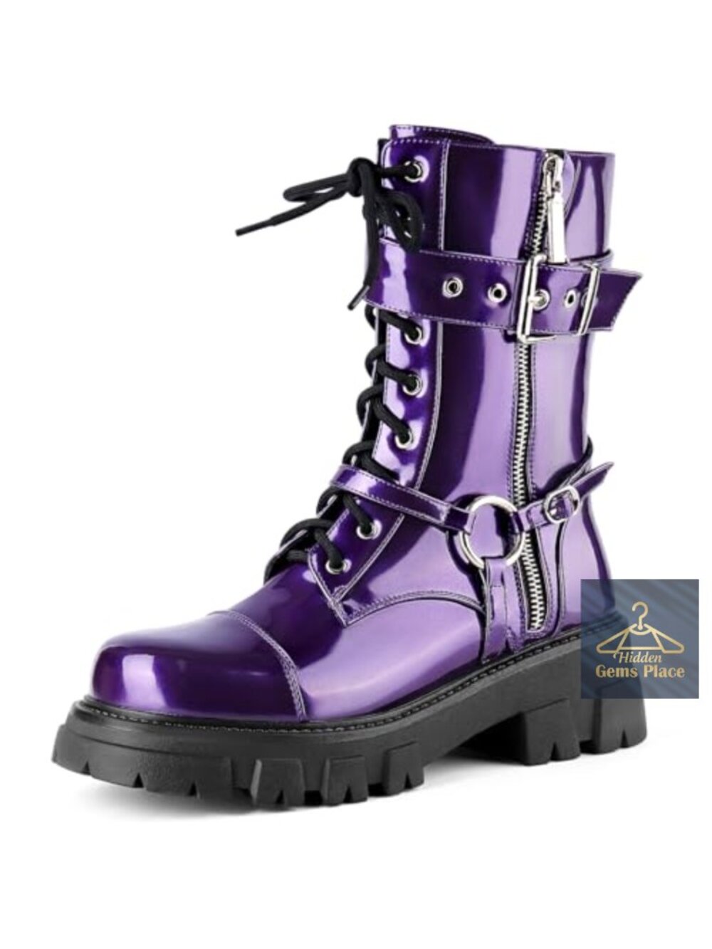Women Harness Motorcycle Biker Boots Steampunk Combat Chunky Mid Calf Goth Lug